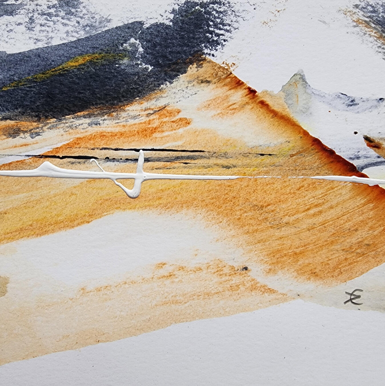 Small square abstract in warm earth tones with bold gestural marks, suggesting heat, energy, and inner fire against a textured ground.