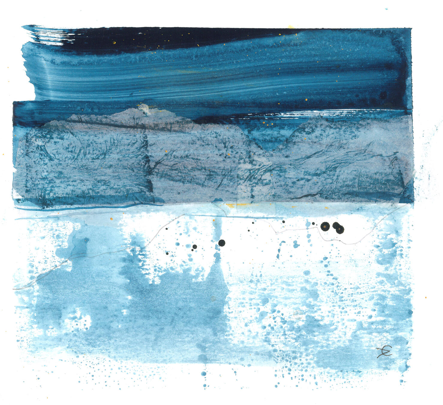 Blue-toned collage on white paper with dark navy brushstrokes above ethereal watery washes, fine pencil lines, and ink droplets suggesting immense depth.