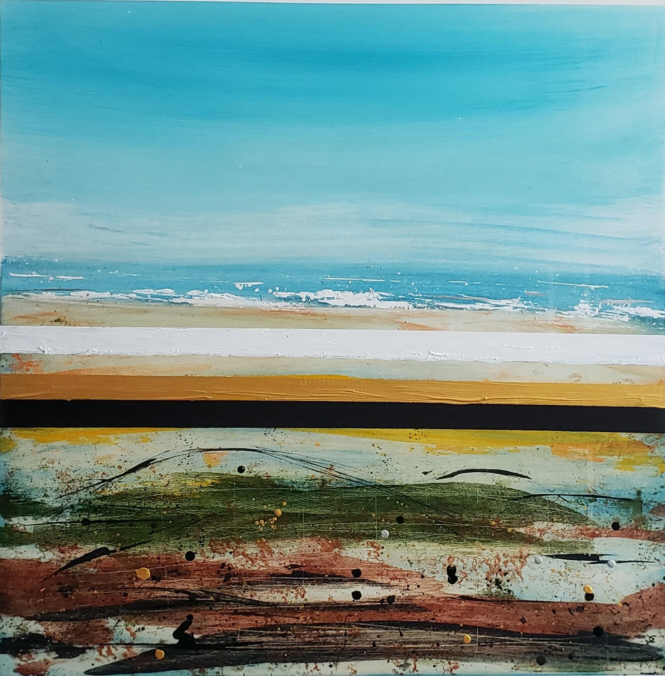 A square work with bold horizontal bands - vibrant turquoise sky, foamy white shore, gold accent, and black line descending into textured sandy foreground, evoking tidal rhythms and coastal forces.