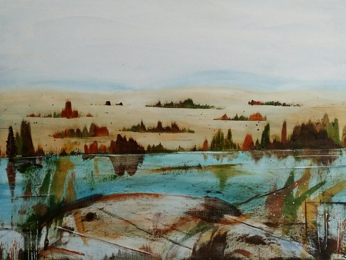 abstract lake and distant hills