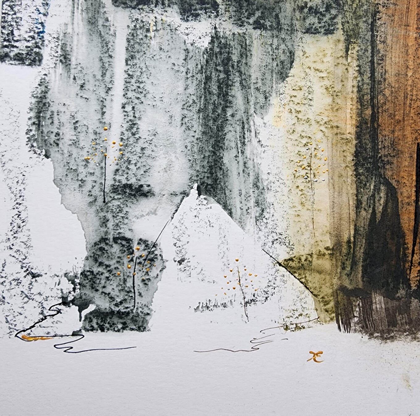 Square abstract in muted greys and browns with layered textures suggesting a threshold or path, evoking the first uncertain step into the unknown.