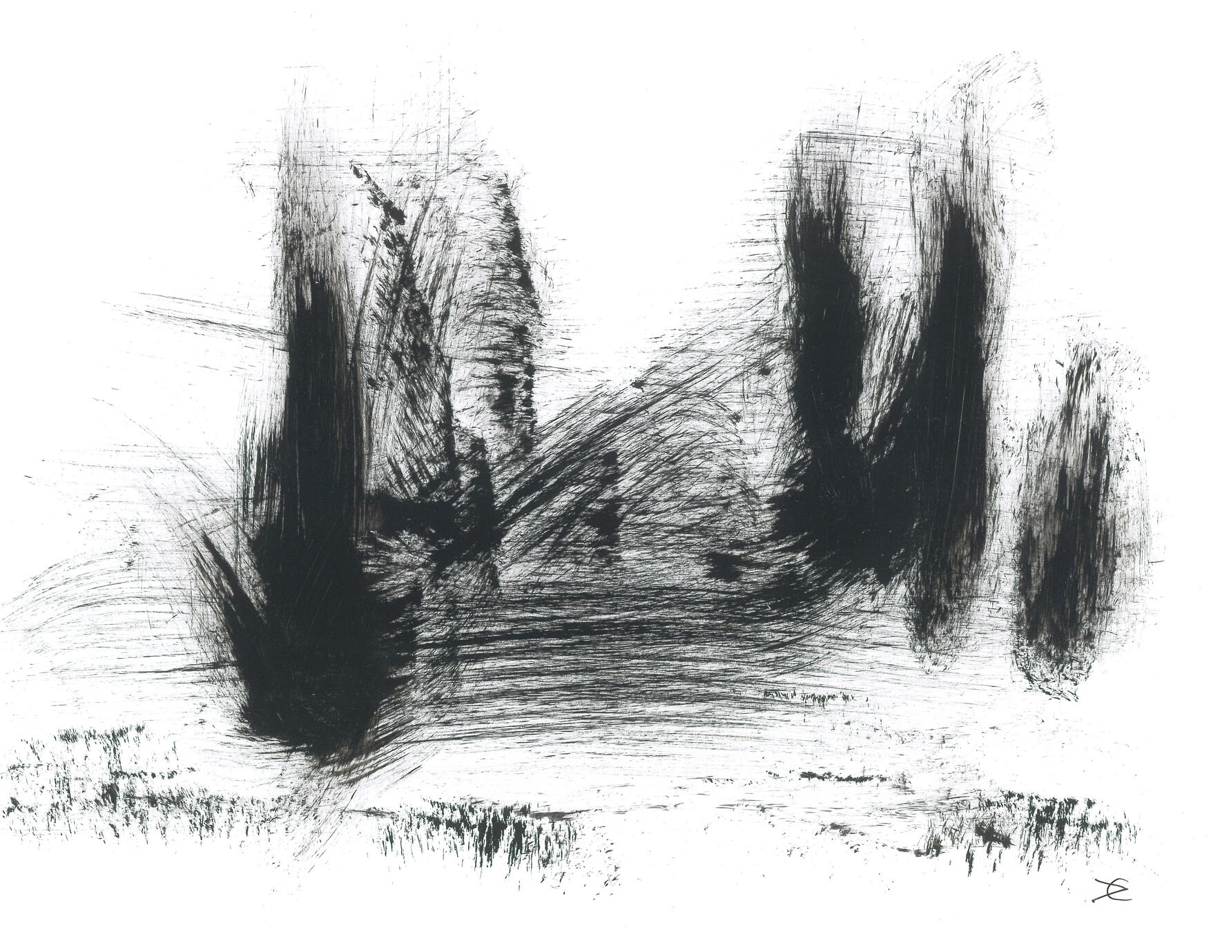A black and white expressive work on paper. Bold, sweeping dry-brush strokes in black paint create dark, vertical forms reminiscent of wind-blown trees or shadows against a stark white background. The movement of the bristles is visible, giving the piece a