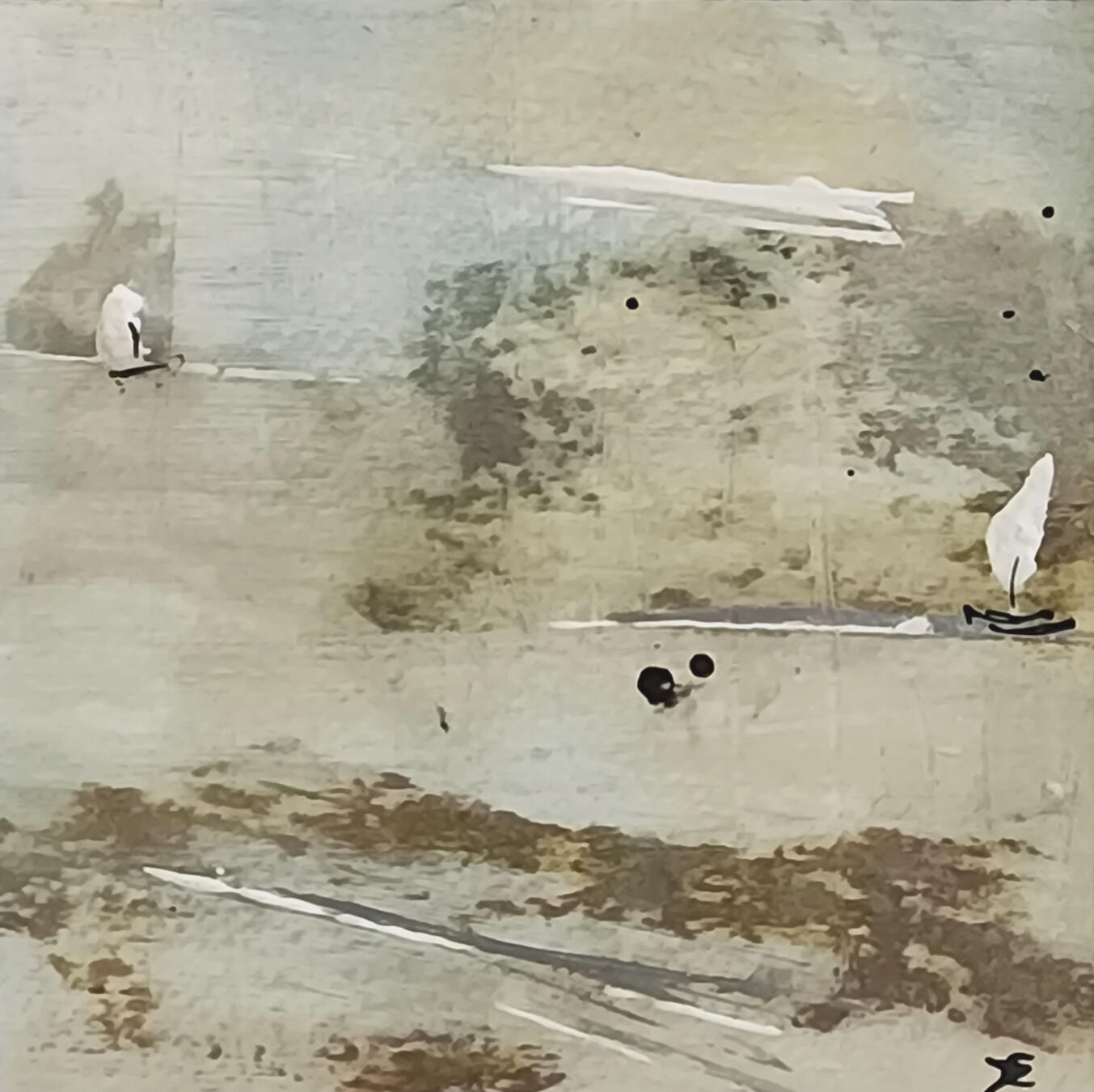 A gentle sepia-toned abstract with warm cream and brown tones, evoking open water. White sail-like forms drift toward the edge of the composition, suggesting departure and soft summer light.
