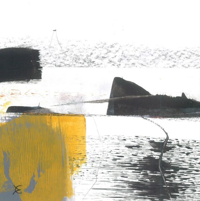 A small, minimalist mixed-media work on paper. It features bold, graphic blocks of yellow and black ink against a white background. Fine, sketchy lines and splattered textures suggest an industrial or coastal landscape, with a balance of bright energy and