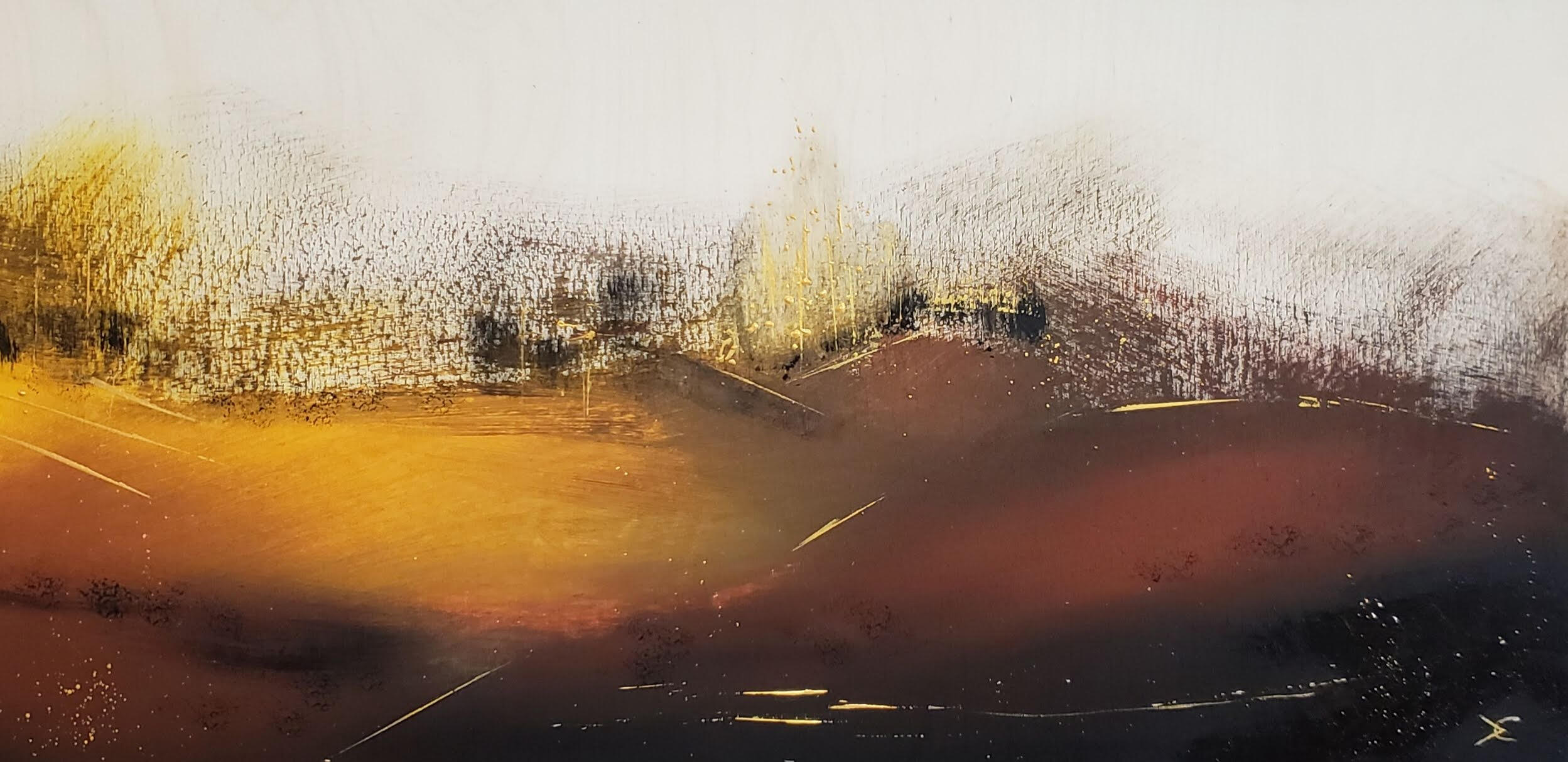 A wide horizontal abstract landscape dissolving between warm golden ochre and deep brown, with luminous light diffusing through textured atmospheric layers suggesting heat, distance and fading light.