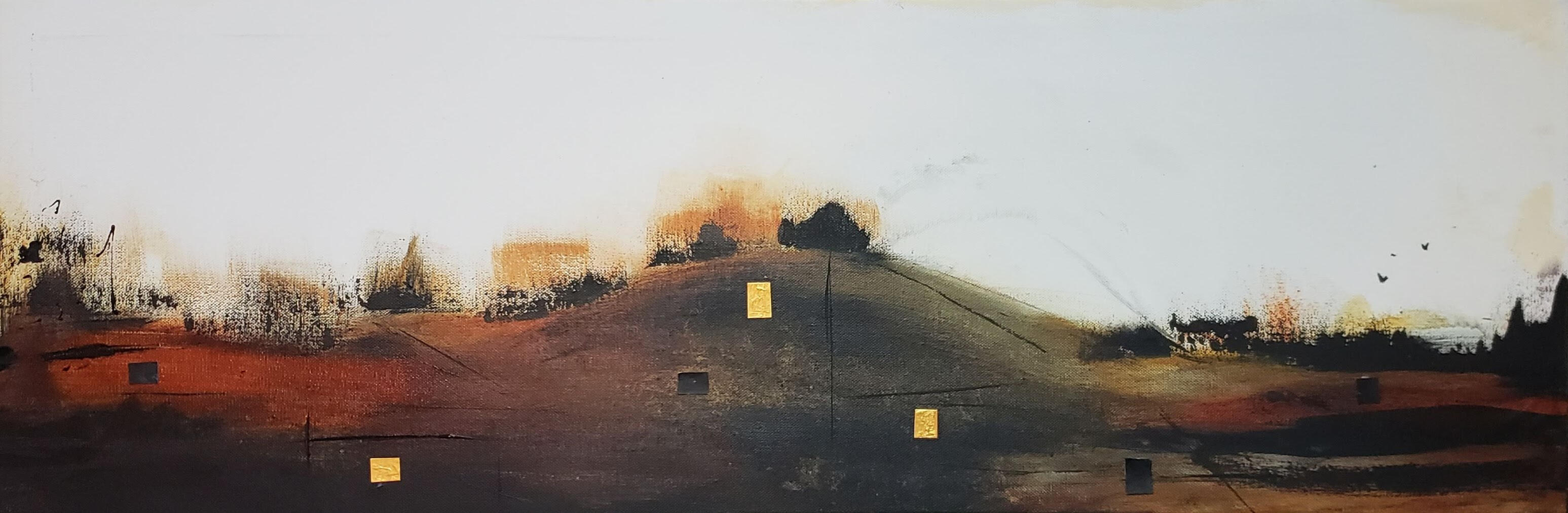 A long horizontal painting with earthy, golden-brown tones and dark metallic veins suggesting resources buried beneath a hilly landscape.