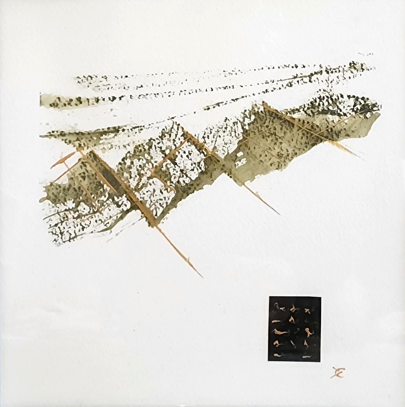 Square mixed-media work in warm greens and gold suggesting summer mountains, with a bold black rectangle at lower right bearing delicate gold asemic script.