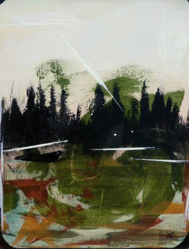 A vertical, layered abstract painting exploring the tension between light and shadow. A dense, dark horizontal band suggests a wooded thicket or deep water, set against a luminous, pale cream background. In the foreground, energetic scrapes of ochre, rust-
