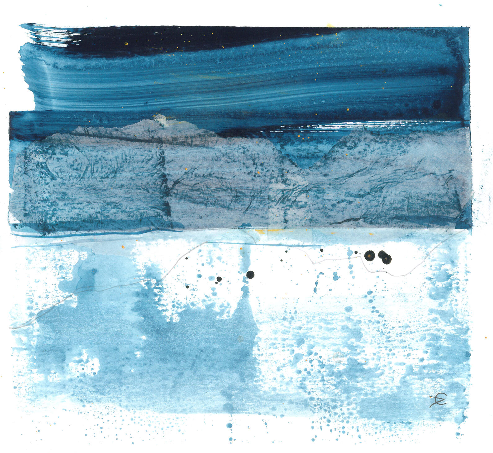 Deeper Still A blue-toned square collage on a white background. Deep navy brushstrokes and a textured horizon band sit above ethereal blue washes and delicate ink droplets, suggesting immense depth.