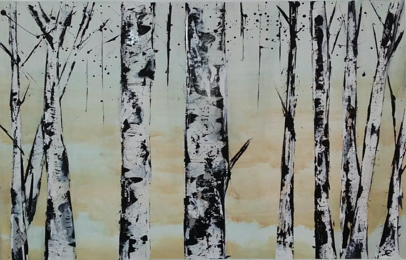 semi abstract painting of silver birches