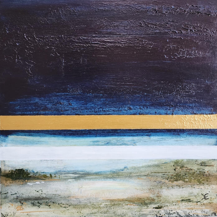 A minimalist abstract landscape with three distinct horizontal bands: a deep navy sky, a thin shimmering gold horizon, and a misty white foreground with subtle green and grey textures.