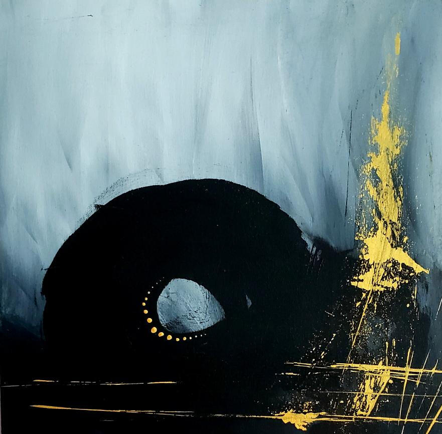 The Long Exhale A square abstract painting featuring a large, dark circular form in the center, accented by shimmering gold details and tree-like silhouettes against a a textured, moody grey background.