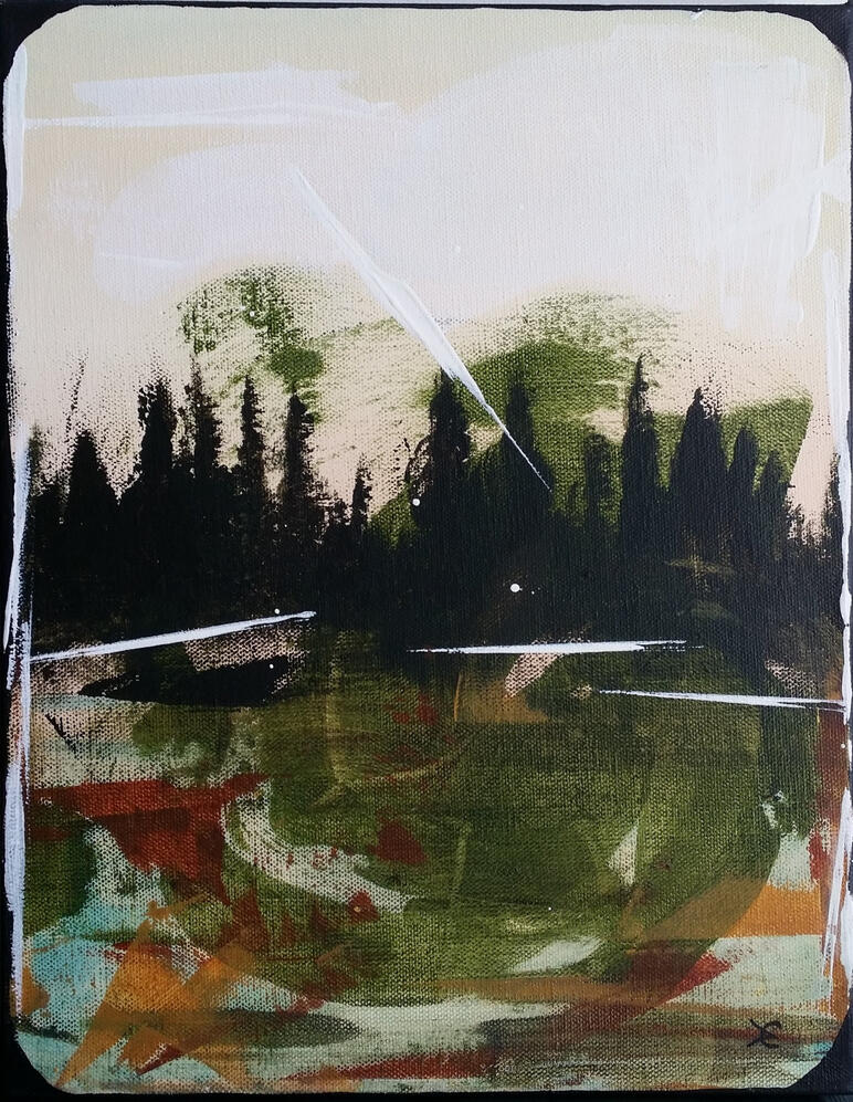 abstract painting of water and forest