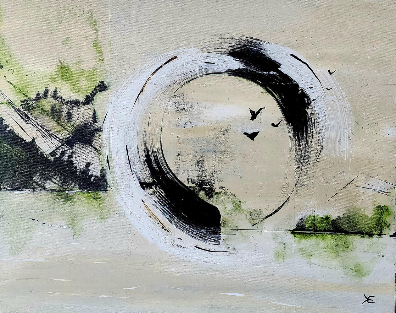 abstract painting with a central black and white swirl, greenery and distant birds