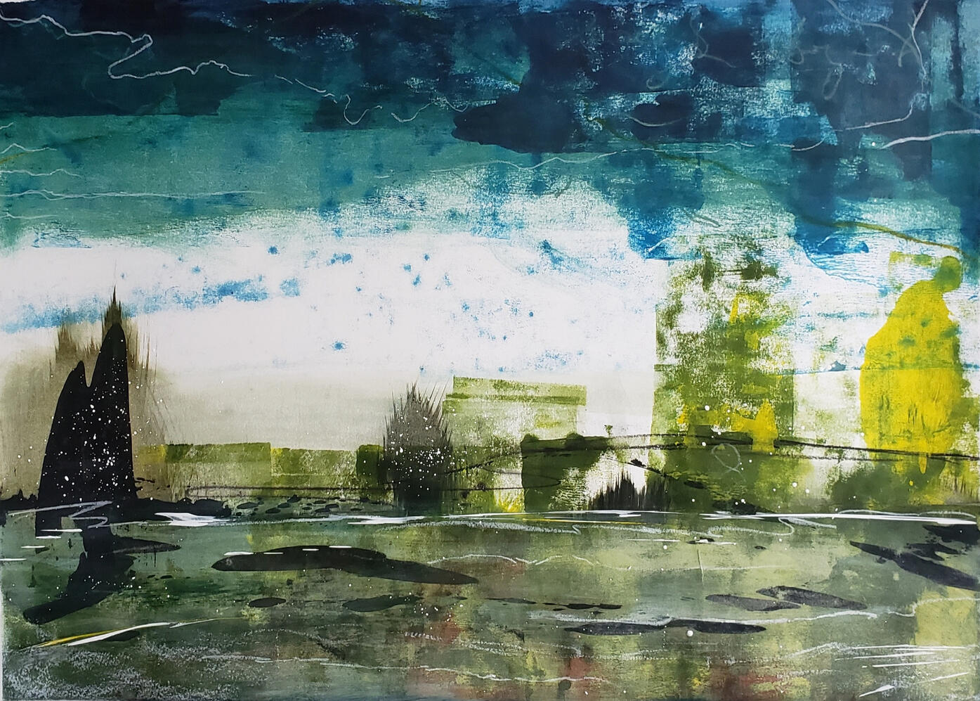abstract painting of water, trees, buildings