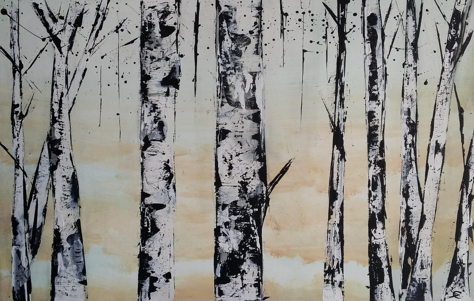 semi abstract painting of silver birches