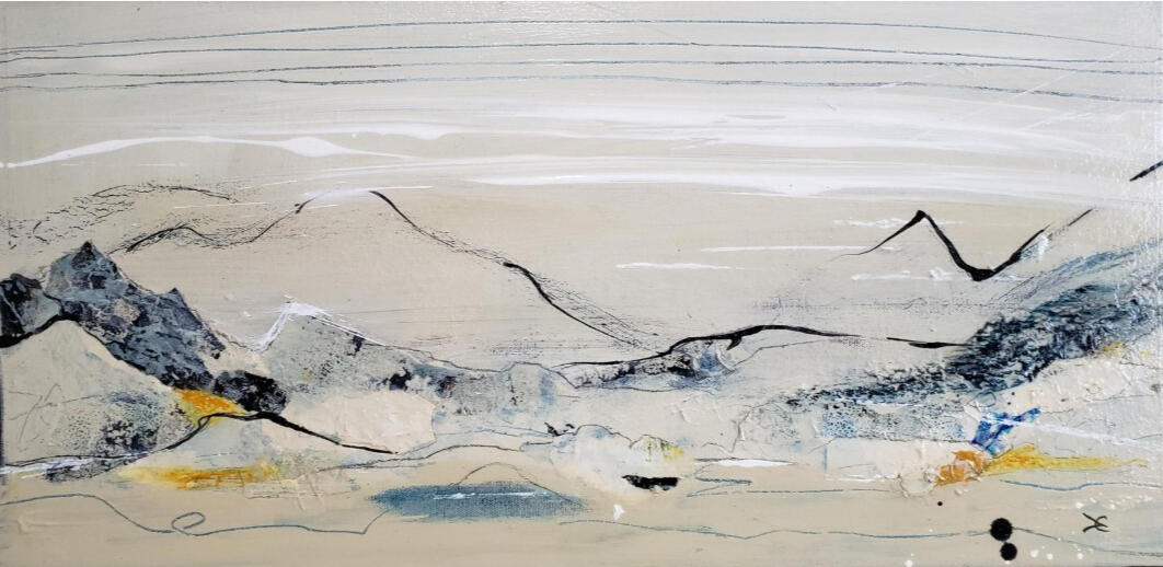 A minimalist horizontal landscape on a warm cream background. Delicate, sketchy black lines suggest rolling hills and distant horizons, punctuated by textured patches of grey, ochre, and a single splash of blue.