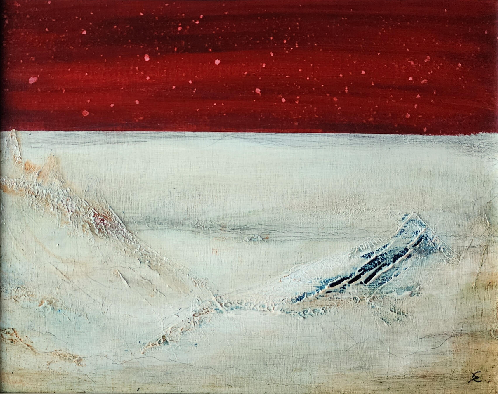 Rectangular abstract with deep crimson upper half and luminous white impasto lower half, suggesting a vast, textured landscape divided between earth and sky.
