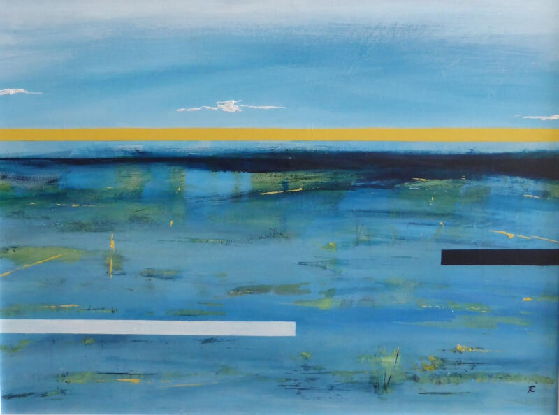 A vibrant, horizontal abstract painting in shades of cerulean and turquoise, suggesting a lake with lilies. A bright yellow band stretches across the upper third, balanced by a white and black horizontal blocks in the foreground.