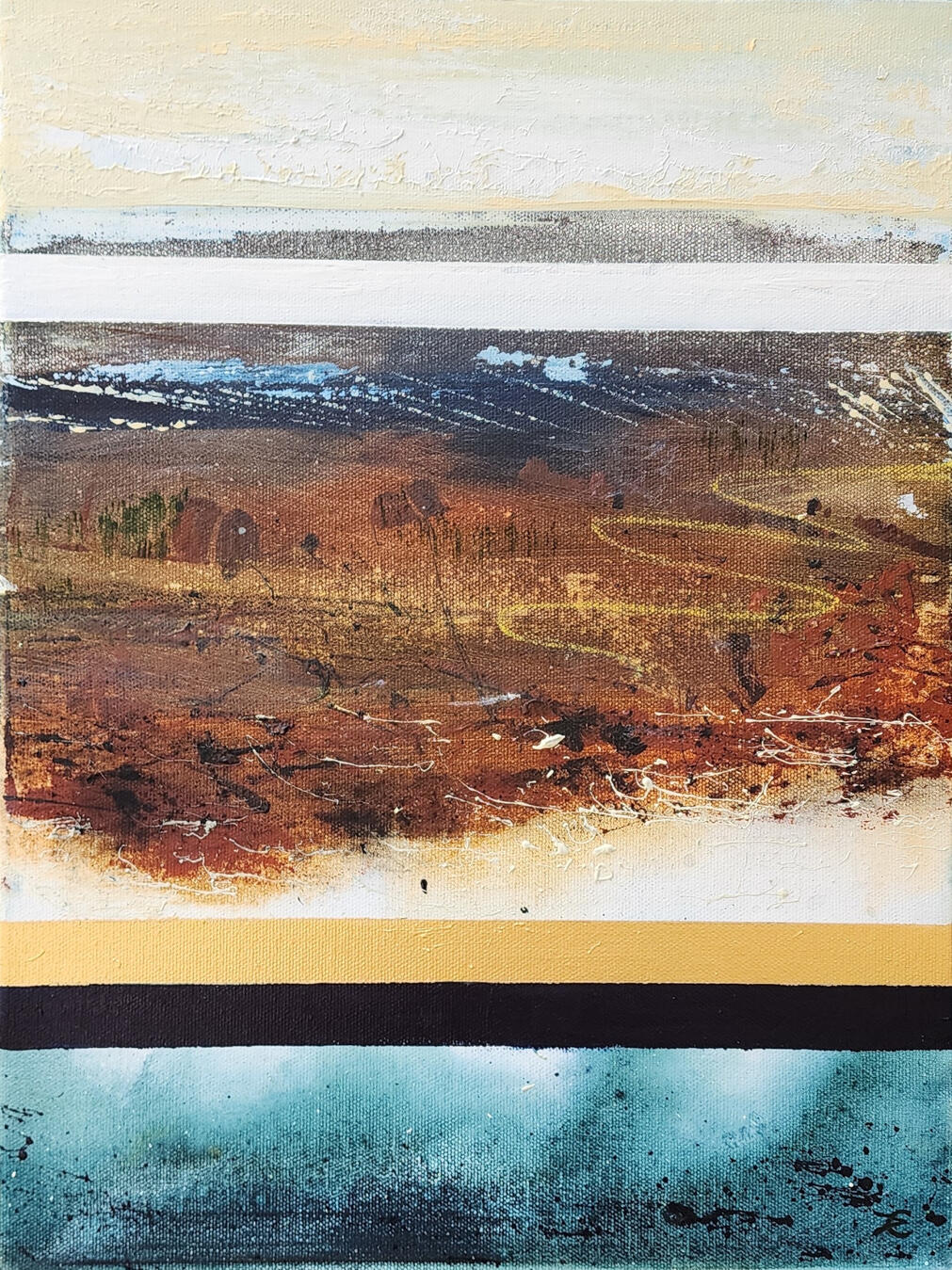 Abstract mixed-media painting with layered bands of deep indigo, gold, white and pale turquoise above textured earth-toned forms suggesting an imagined landscape or distant horizon.